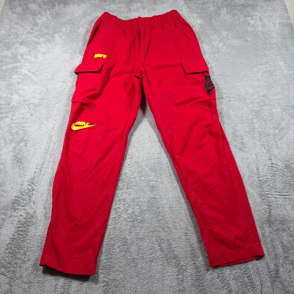 Nike Sportswear Essential Woven Cargo Pants Men Medium Red AOP Swoosh DM6869-657
